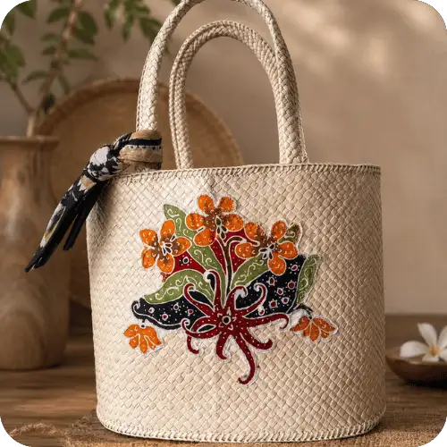 Rattan x Hand-Painted Batik Bag
This product is the result of a collaboration with artisans in East Kalimantan. We’ve enhanced these rattan bags, which already have a strong identity of their own with hand-drawn batik designs.